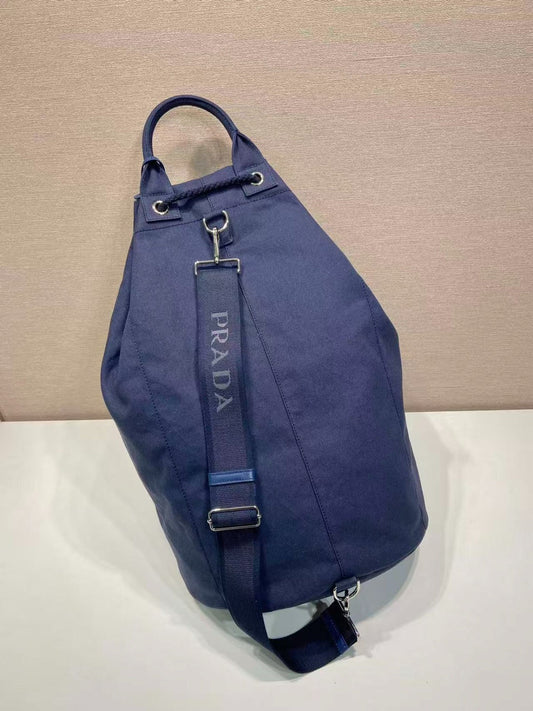 Prada 25s Drawstring Backpack 55 In Navy Blue Canvas Linen