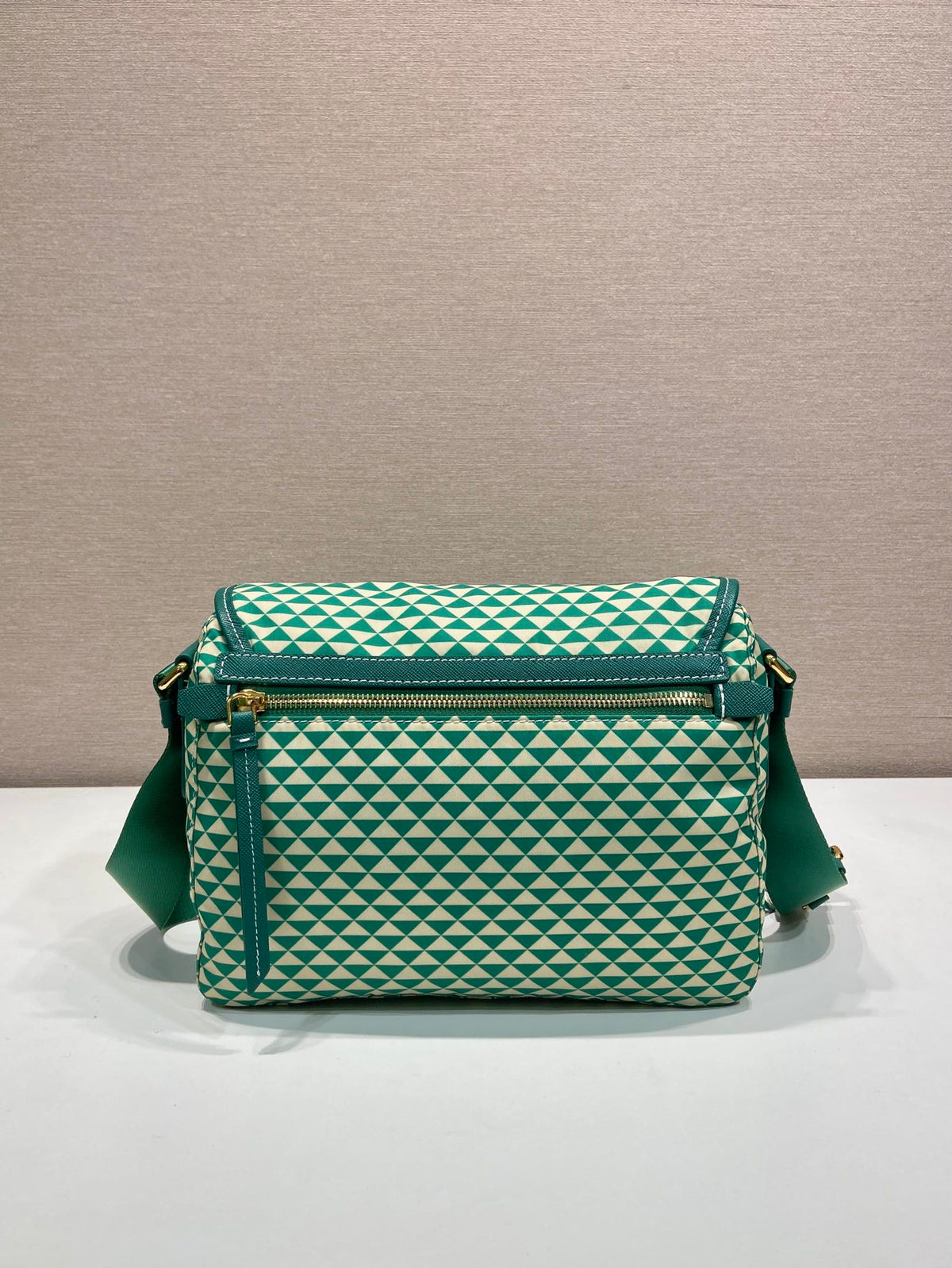 MESSENGER BAG 25 IN FOREST GREEN MIX CREAM TRIANGLE PATTERN EMBROIDERED FABRIC