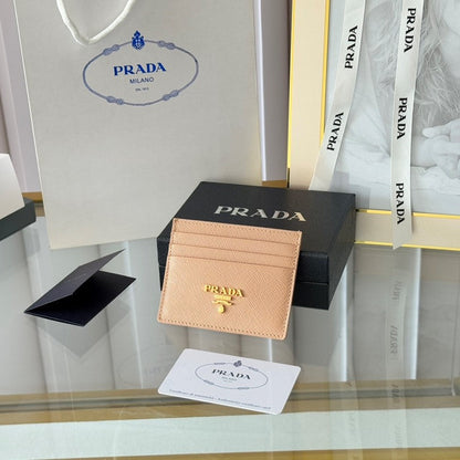 Pra Gold Logo-Stamp Card Holder Beige Saffiano Leather