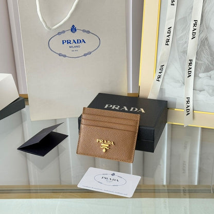 Pra Gold Logo-Stamp Card Holder Brown Saffiano Leather