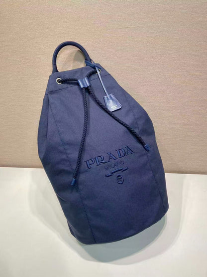 Prada 25s Drawstring Backpack 55 In Navy Blue Canvas Linen