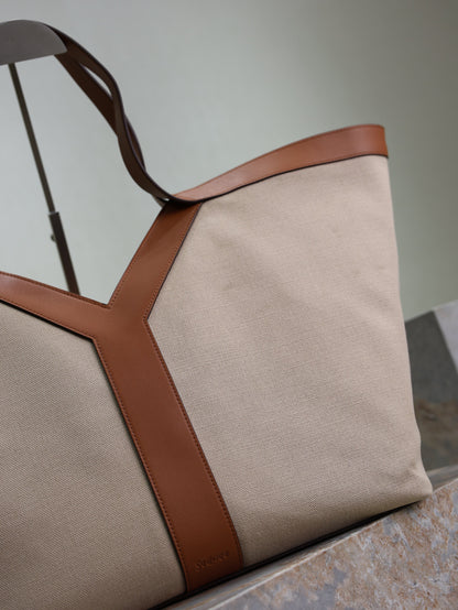 Prada Y Tote Bag Beige Brown Canvas Leather