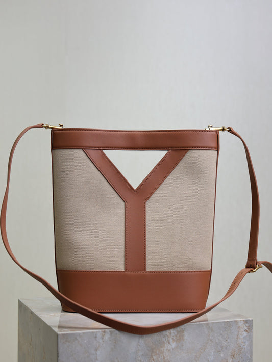 Prada Y Small Bucket 23cm Caramel Beige Canvas Leather