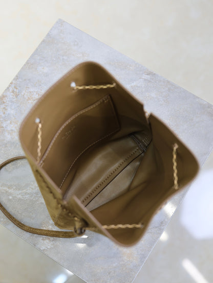 Prada Pochon Bucket Bag 20cm Brown Suede Bronze-Tone HW