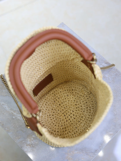 Prada GabyBucket 17cm Brown Beige Raffia Leather GHW