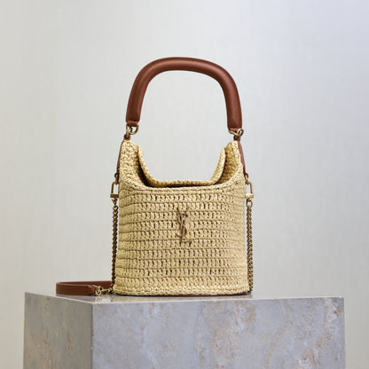 Prada GabyBucket 17cm Brown Beige Raffia Leather GHW