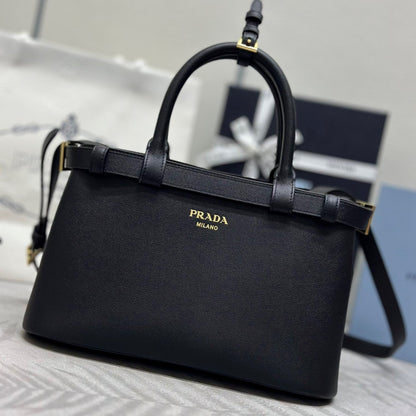 Prada Buckle Tote Bag 28cm Black Grain Cowhide