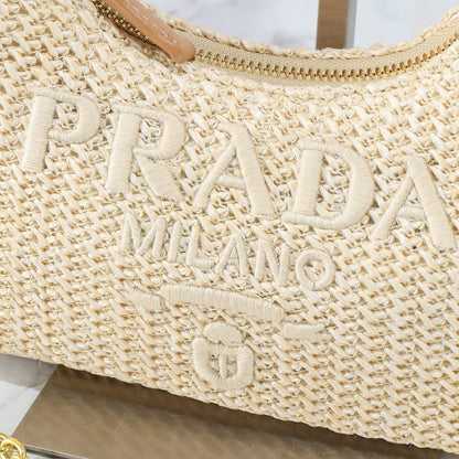 PRA 22 BAG IN BEIGE RAFFIA AND BROWN CALFSKIN GOLD HARDWARE
