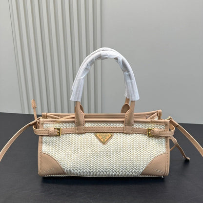 BONNIE SOFT LUX HANDBAG 32 IN BEIGE WOVEN RAFFIA WITH TAN CALFSKIN
